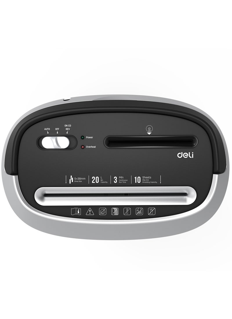 Deli Deli E9948 Paper Shredder, 10-Sheet Capacity, 5-Min Continuous Run Time, 20L Bin, 5×38mm Cross-Cut, Noise ≤80dB, Shreds CDs, Credit Cards, Paper Clips & Staples, Black  - Image 2