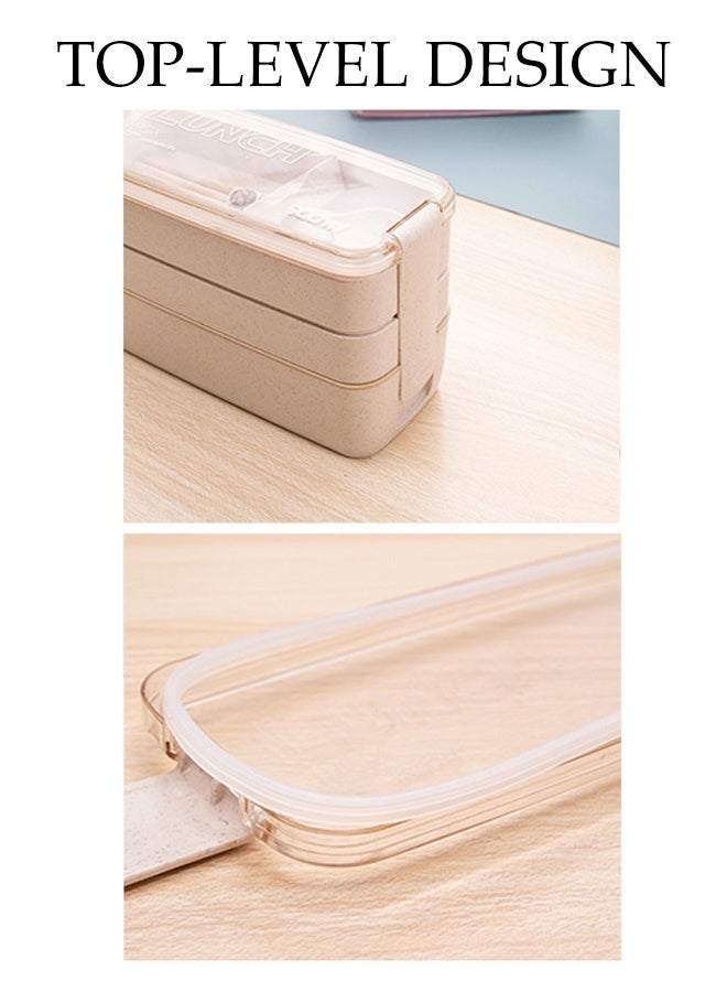 DUNISO 3 Layer Bento Box Straw Material Lunch Box with Fork and Spoon  Large Capacity Leak-Proof Lunch Food Storage Box Multi Functional Portable Bento Box with Sealed Cover for School Office Camping Outdoor， Microwaveable Safe - Image 3