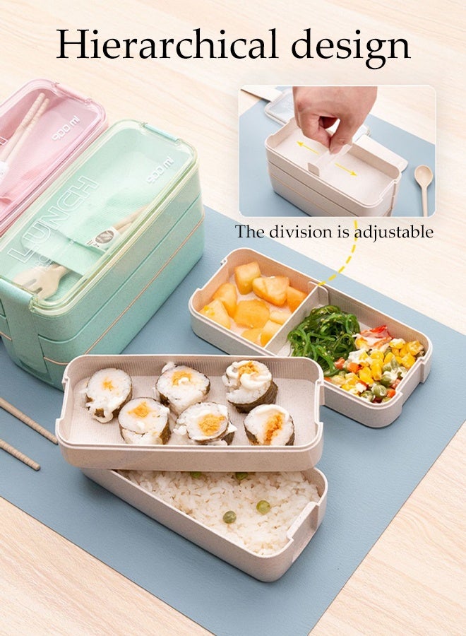 DUNISO 3 Layer Bento Box Straw Material Lunch Box with Fork and Spoon  Large Capacity Leak-Proof Lunch Food Storage Box Multi Functional Portable Bento Box with Sealed Cover for School Office Camping Outdoor， Microwaveable Safe - Image 2