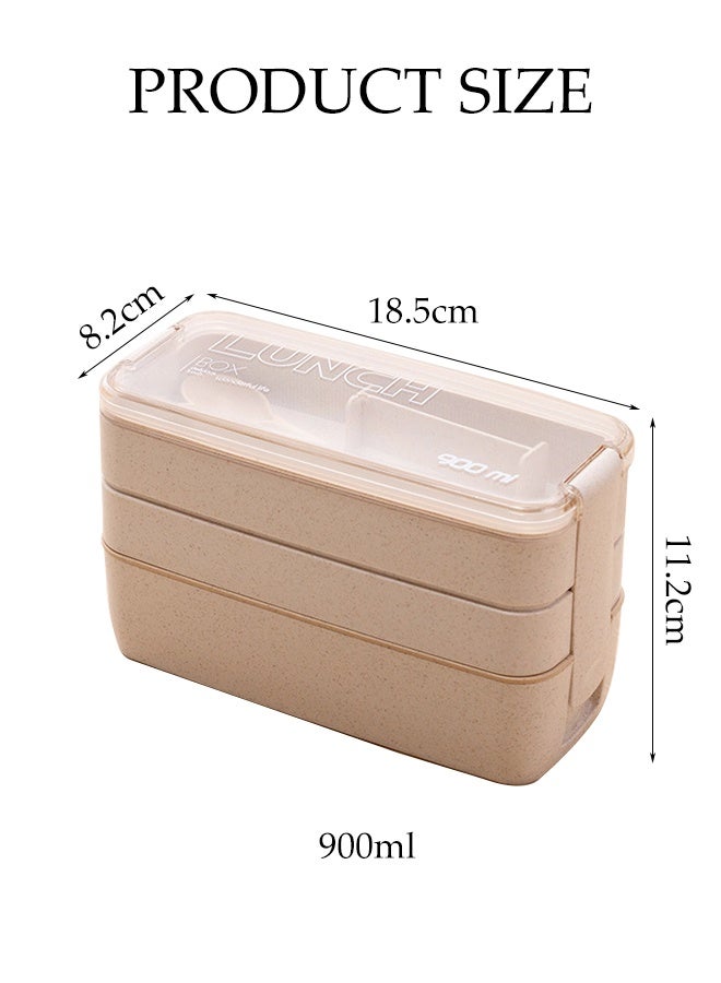 DUNISO 3 Layer Bento Box Straw Material Lunch Box with Fork and Spoon  Large Capacity Leak-Proof Lunch Food Storage Box Multi Functional Portable Bento Box with Sealed Cover for School Office Camping Outdoor， Microwaveable Safe - Image 4