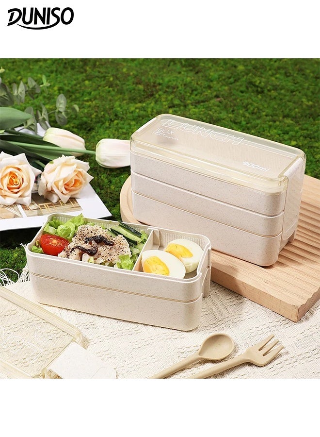 DUNISO 3 Layer Bento Box Straw Material Lunch Box with Fork and Spoon  Large Capacity Leak-Proof Lunch Food Storage Box Multi Functional Portable Bento Box with Sealed Cover for School Office Camping Outdoor， Microwaveable Safe - Image 1