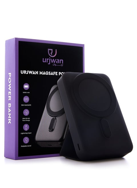 بطارية متنقلة ماج سيف 10000mAh بتصميم أنيق ومحمول، مزودة بستاند لسهولة الاستخدام، تدعم الشحن اللاسلكي السريع، وتأتي مع كابل شحن مرفق لمرونة أكبر - أسود