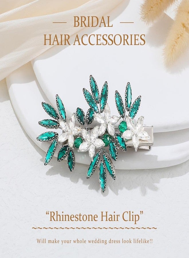 JONKY Bride Crystal Wedding Hair Clip Green Rhinestone Flower Headpiece Bridal Hair Accessories for Women - Image 3