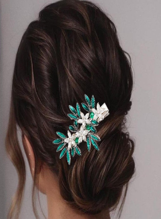 JONKY Bride Crystal Wedding Hair Clip Green Rhinestone Flower Headpiece Bridal Hair Accessories for Women - Image 2