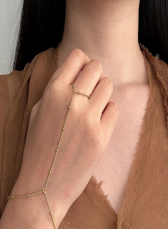 اتش تي اتش سوار حلقي HTH، سلسلة يد للنساء، قابل للتعديل، مصنوع من الفولاذ المقاوم للصدأ، سلسلة خرز، سوار حلقي للأصابع (ذهبي) - Image 4