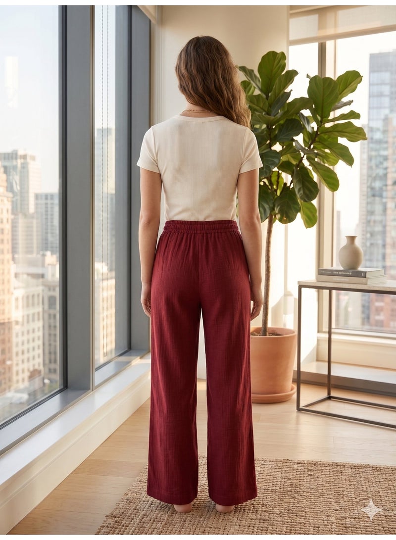 Soft Steps Women’s Burgundy Wide Leg Pants with Elastic Waist & Drawstring – Relaxed Casual Lounge Trousers Size XL - Image 2