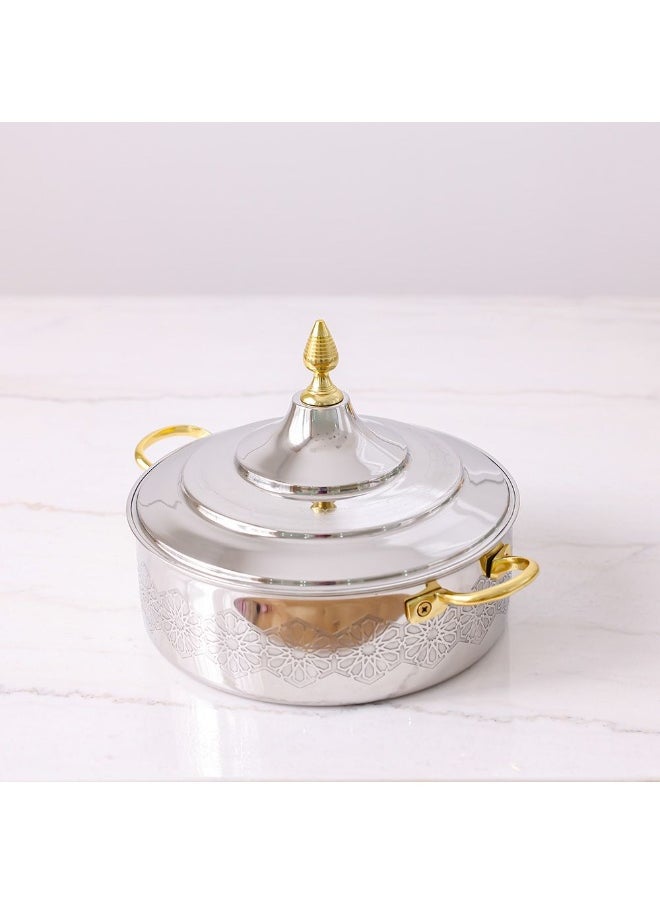 DANUBE HOME Nomaris Hot Pot with Etching Work, Gold & Shiny Polished, 4500 ml – Elegant, Durable, Luxury Serving Pot, Perfect for Family Meals, Festive Occasions & Special Events 34x34x15CM  - Image 1