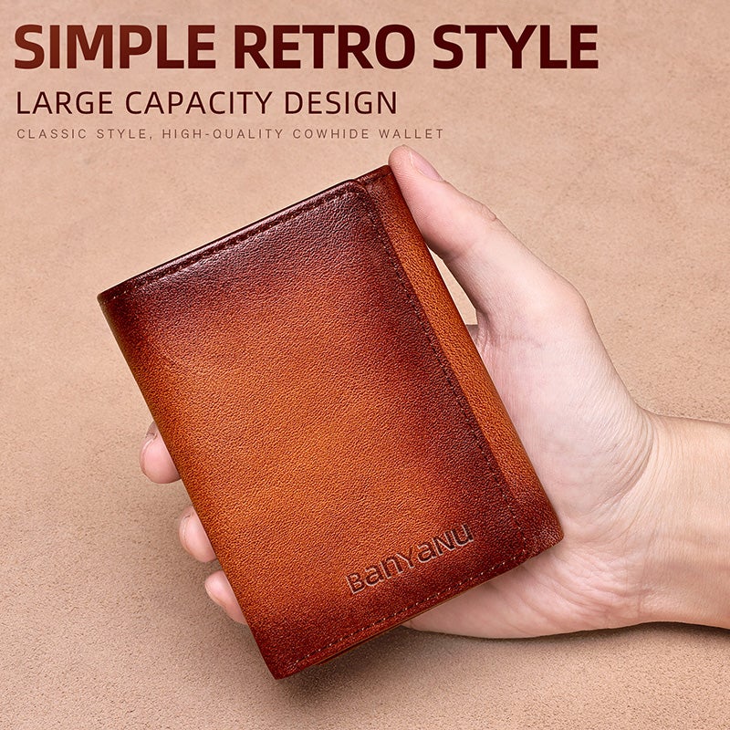 banyanu Men's Genuine Leather Tri-Fold Wallet with ID Window, 11 Card Slots, and 2 Bill Pockets; RFID Anti-Theft; Coffee-Colored Leather Lining - Image 2