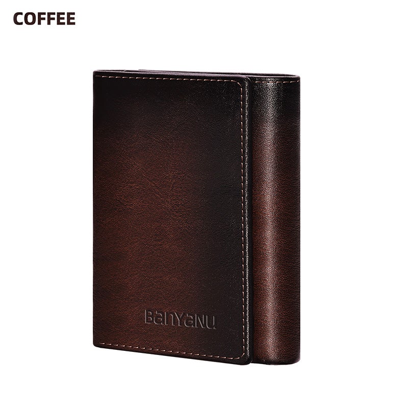 banyanu Men's Genuine Leather Tri-Fold Wallet with ID Window, 11 Card Slots, and 2 Bill Pockets; RFID Anti-Theft; Coffee-Colored Leather Lining - Image 1