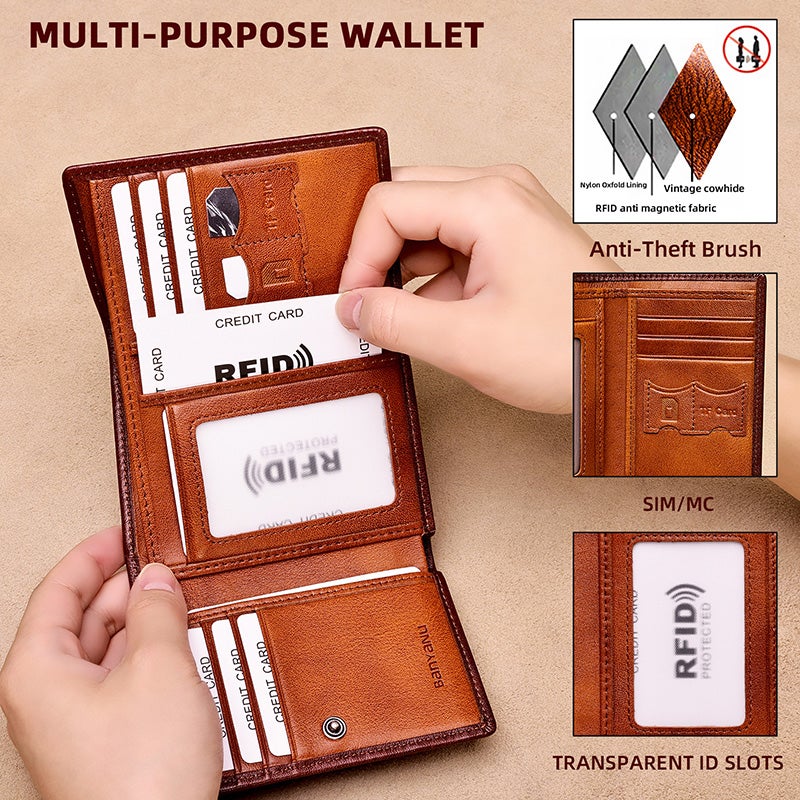 banyanu Men's Genuine Leather Tri-Fold Wallet with ID Window, 11 Card Slots, and 2 Bill Pockets; RFID Anti-Theft; Coffee-Colored Leather Lining - Image 3