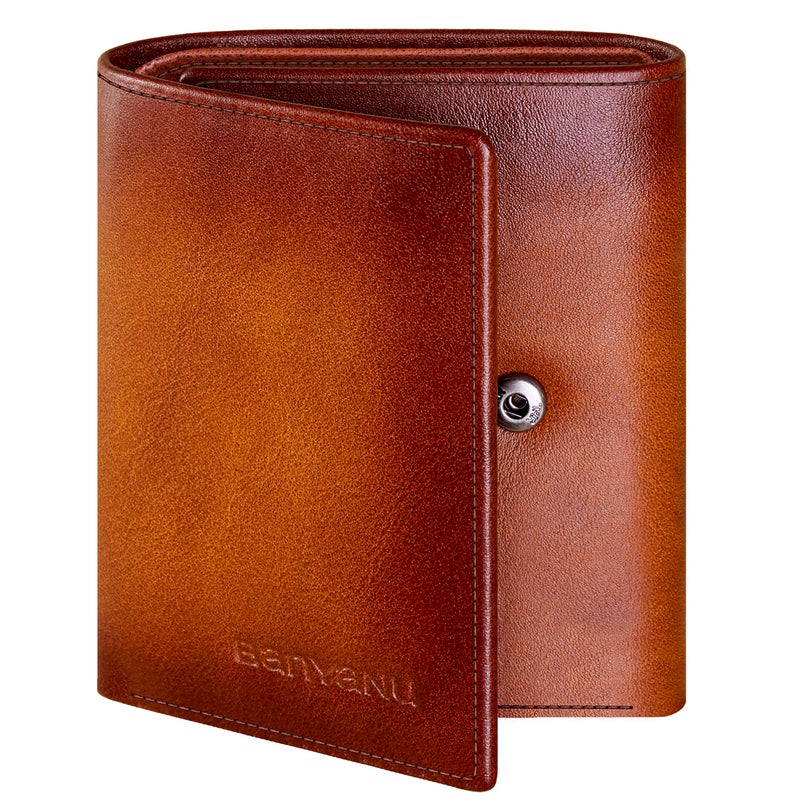 banyanu Men's Genuine Leather Tri-Fold Wallet with ID Window, 11 Card Slots, and 2 Bill Pockets; RFID Anti-Theft; Coffee-Colored Leather Lining - Image 5