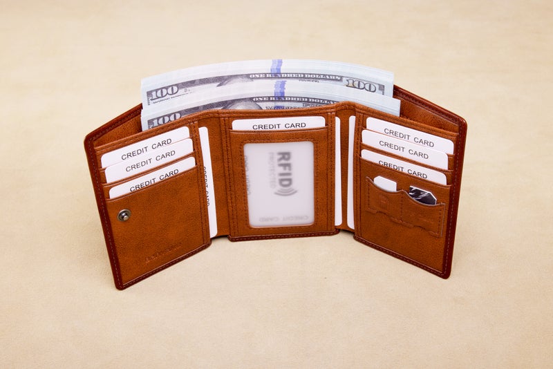 banyanu Men's Genuine Leather Tri-Fold Wallet with ID Window, 11 Card Slots, and 2 Bill Pockets; RFID Anti-Theft; Coffee-Colored Leather Lining - Image 4