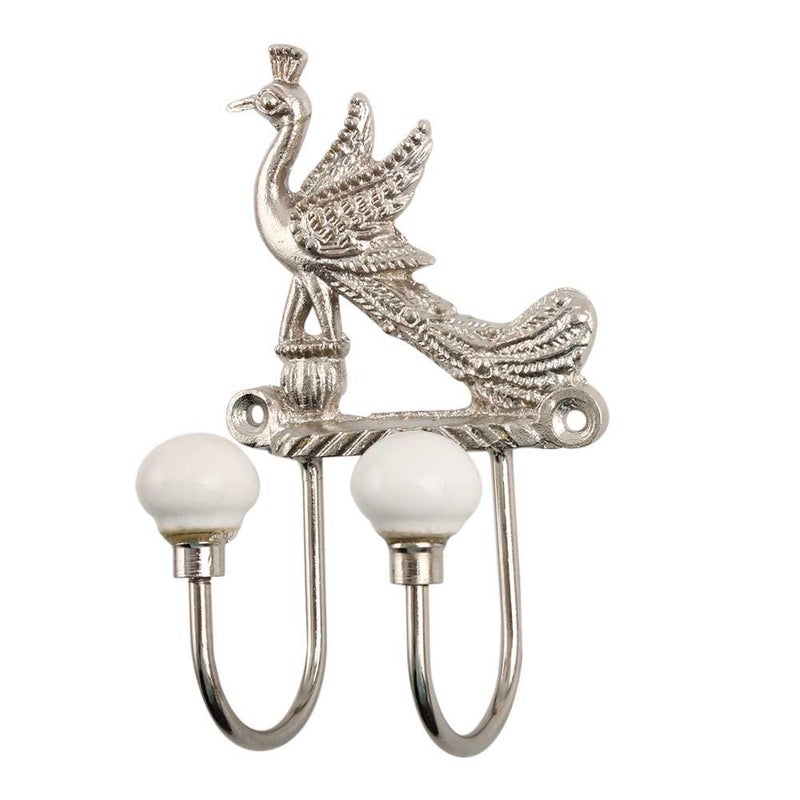 Indian-Shelf IndianShelf Metal Wall Hooks Ceramic Wall Hangings Silver Wall Hangers Peacock Wall Hooks Key Holder Cloth Hangers for Bedroom Hanger Hooks Door Hanger Robe Hooks 1 Pack 525 Inches  - Image 1