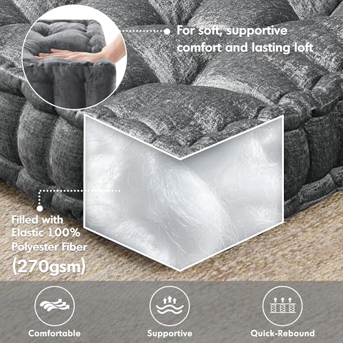Intelligent Design Azza Floor Pillow, Large Cushions Sitting for Adults, Floor Pillow for Meditation or Yoga, Lustrous Chenille Tufted with Scalloped Edges for Bench/Chair Cushion, 20"x20"x5" Charcoal - Image 3