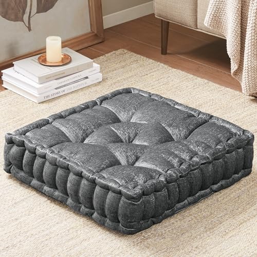 Intelligent Design Azza Floor Pillow, Large Cushions Sitting for Adults, Floor Pillow for Meditation or Yoga, Lustrous Chenille Tufted with Scalloped Edges for Bench/Chair Cushion, 20"x20"x5" Charcoal - Image 2