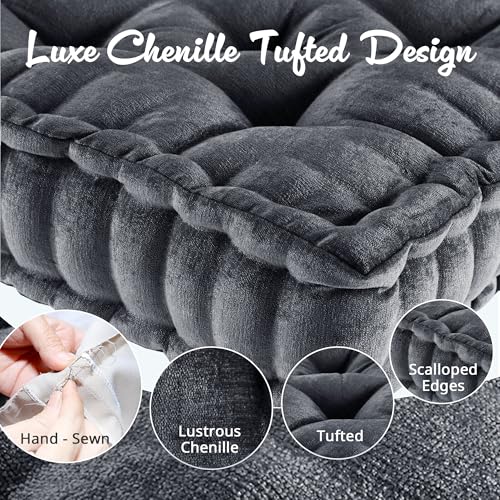 Intelligent Design Azza Floor Pillow, Large Cushions Sitting for Adults, Floor Pillow for Meditation or Yoga, Lustrous Chenille Tufted with Scalloped Edges for Bench/Chair Cushion, 20"x20"x5" Charcoal - Image 4