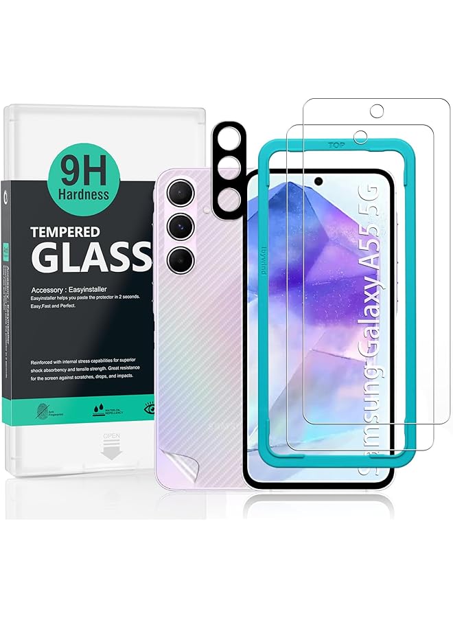 erorex 2 Pack Screen Protector For Samsung Galaxy A55 5G 6.6" 9H Hardness Tempered Glass With 1Pc Camera Lens Protector 1Pc Back Carbon Fiber Film Easy To Install  - Image 1