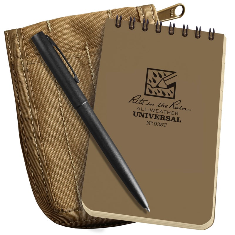 Rite in the Rain Weatherproof 3" x 5" Top-Spiral Notebook Kit: Tan CORDURA Fabric Cover, 3" x 5" Tan Notebook, and an Weatherproof Pen (No. 935T-KIT) - Image 1