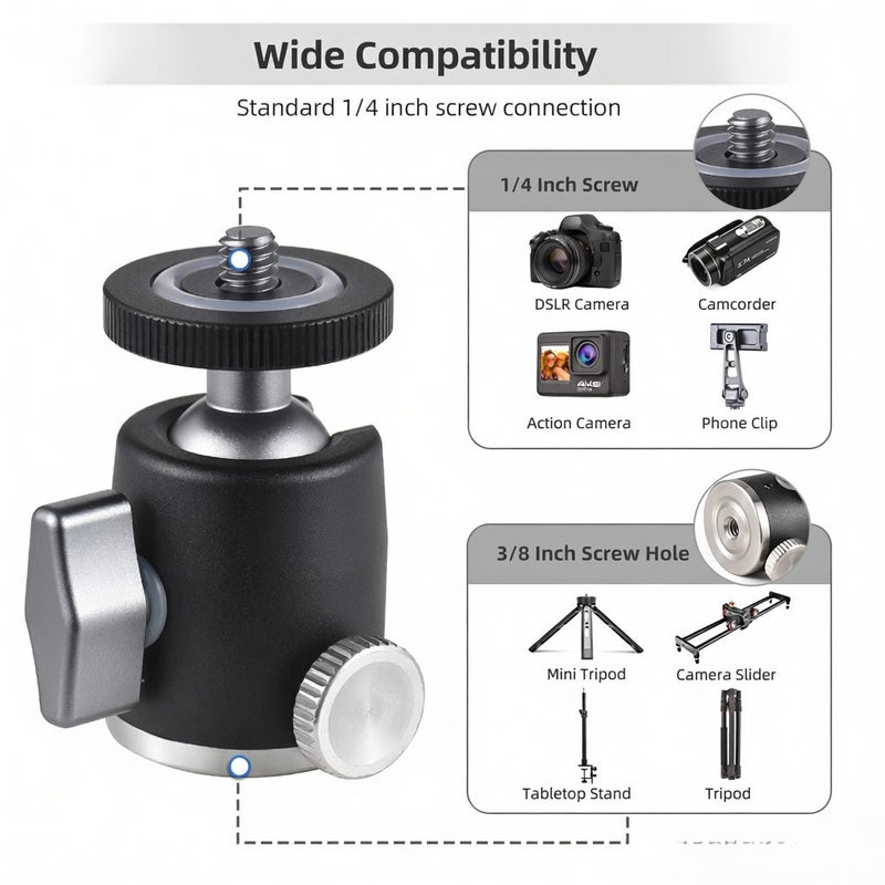 Mini Ball Head Tripod Ballhead Mount Adapter Aluminum Alloy 1/4 Inch Screw Connector with Bottom 1/4 Inch Thread 3kg Load Capacity - Image 4