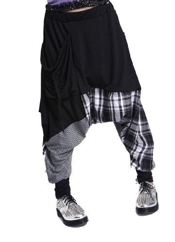 ellazhu Womens Casual Harem Pants Baggy MC Hammer Drop Crotch Joggers Pocket Plaid Hip Hop Yoga Pants GY206 Black - Image 1
