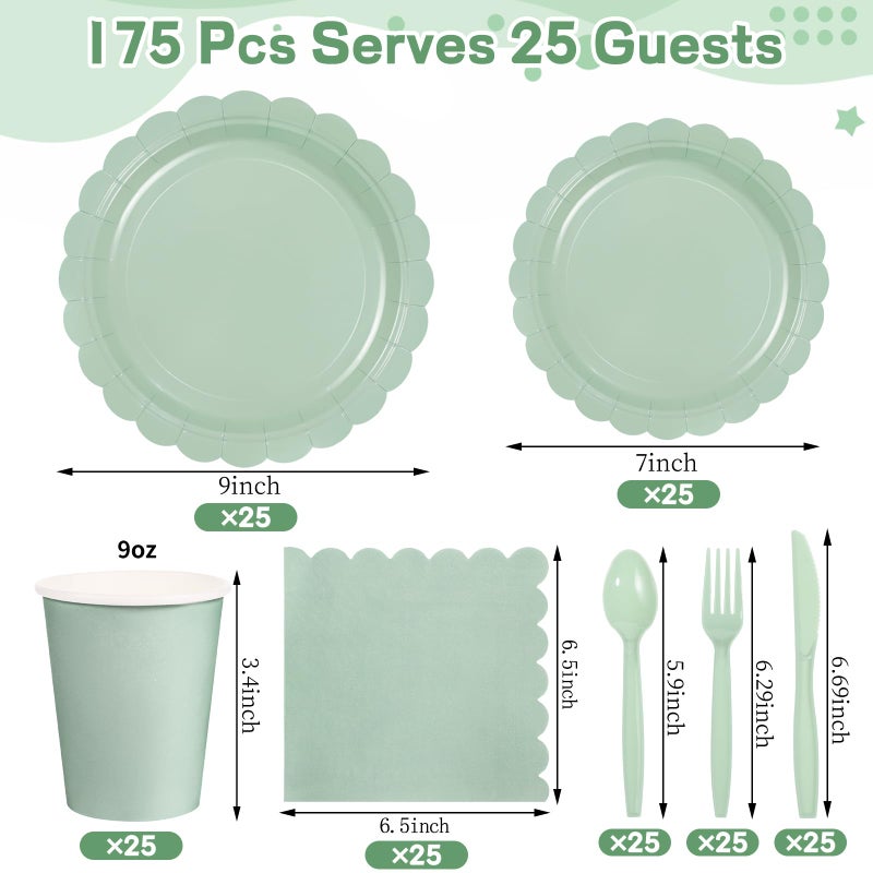 Xiangqu 175 Pcs Sage Green Paper Plates and Napkins  Sage Green Party Supplies Include Green Scalloped Plate Paper Napkin Cup Plastic Cutlery for Baby Shower  Wedding  Birthday - Image 2