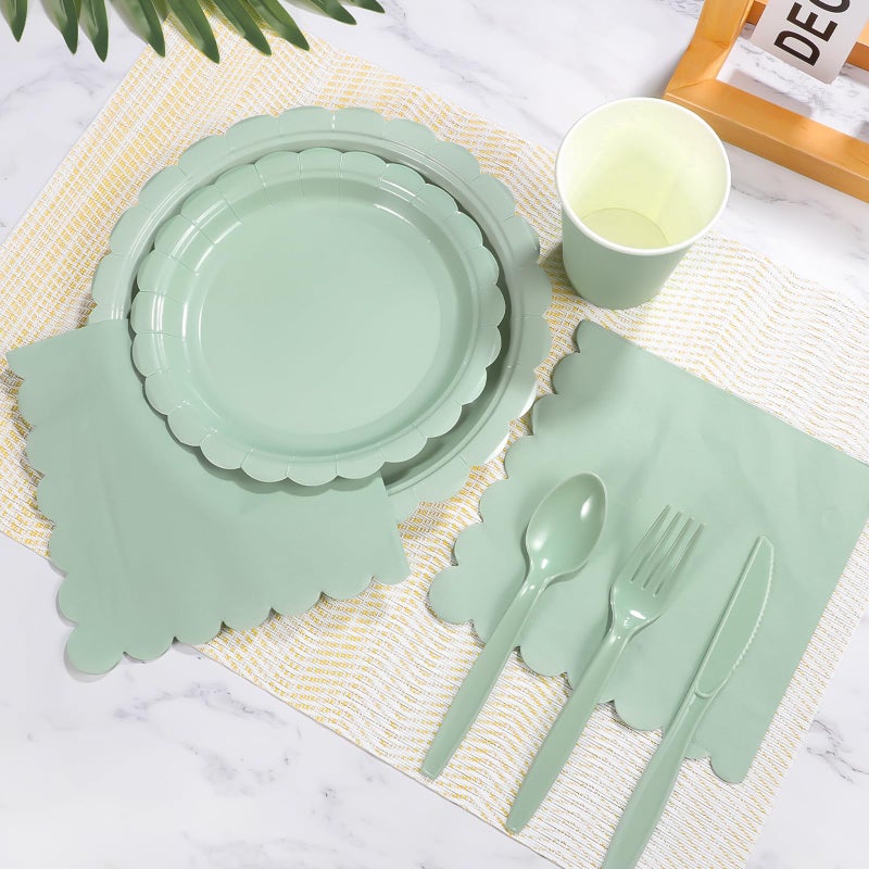 Xiangqu 175 Pcs Sage Green Paper Plates and Napkins  Sage Green Party Supplies Include Green Scalloped Plate Paper Napkin Cup Plastic Cutlery for Baby Shower  Wedding  Birthday - Image 4