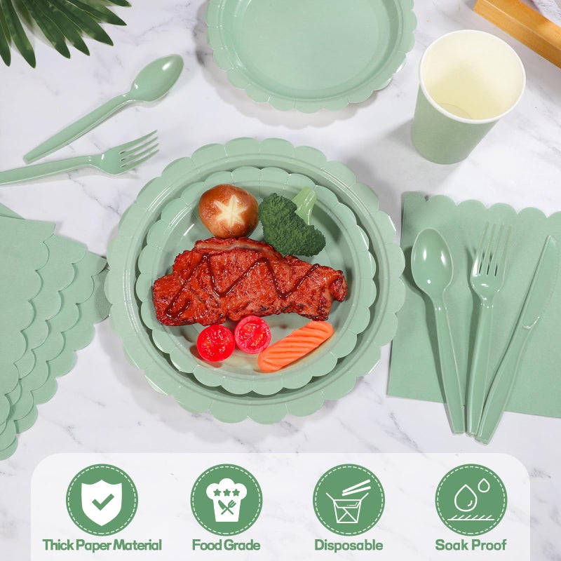 Xiangqu 175 Pcs Sage Green Paper Plates and Napkins  Sage Green Party Supplies Include Green Scalloped Plate Paper Napkin Cup Plastic Cutlery for Baby Shower  Wedding  Birthday - Image 3