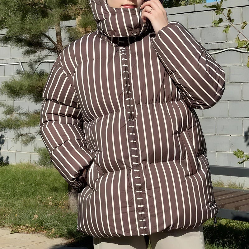 CUFEZN Women's Hooded Striped Puffer Jackets Oversized Winter Warm Thicken Quilted Jacket Coat with Removable Hood Brown Large - Image 5