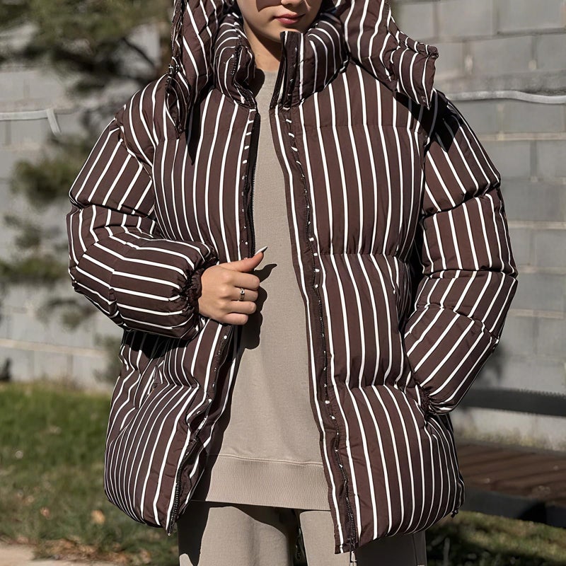 CUFEZN Women's Hooded Striped Puffer Jackets Oversized Winter Warm Thicken Quilted Jacket Coat with Removable Hood Brown Large - Image 2