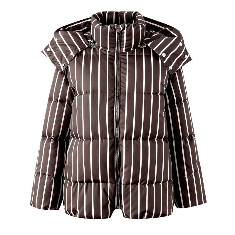 CUFEZN Women's Hooded Striped Puffer Jackets Oversized Winter Warm Thicken Quilted Jacket Coat with Removable Hood Brown Large - Image 1