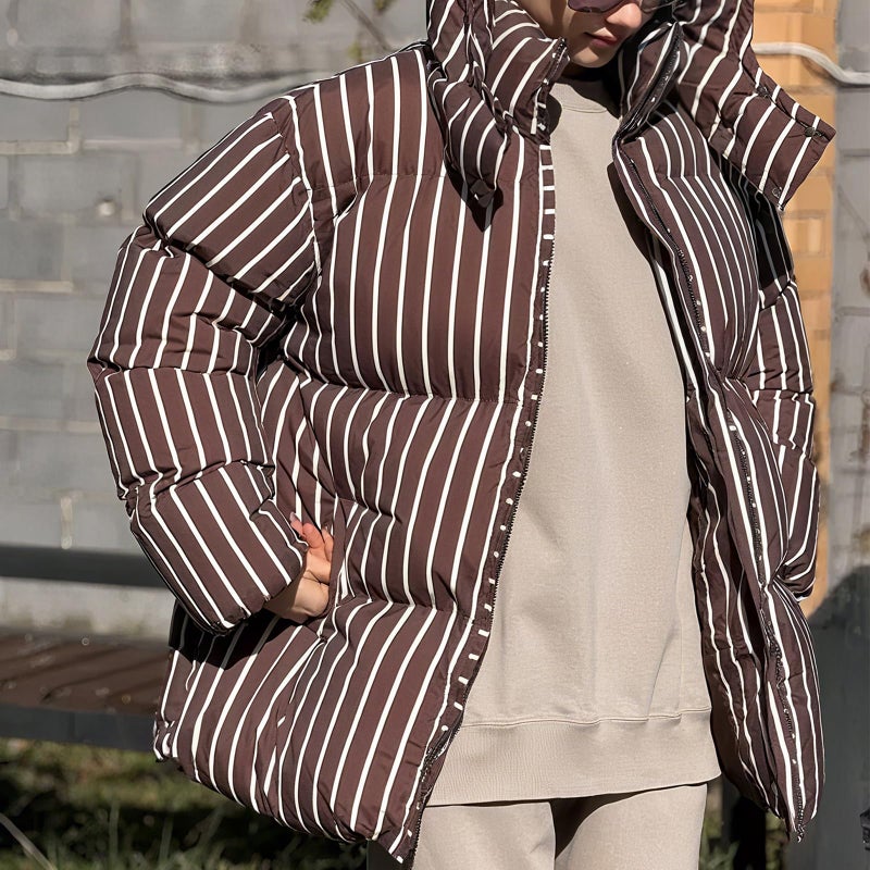 CUFEZN Women's Hooded Striped Puffer Jackets Oversized Winter Warm Thicken Quilted Jacket Coat with Removable Hood Brown Large - Image 3