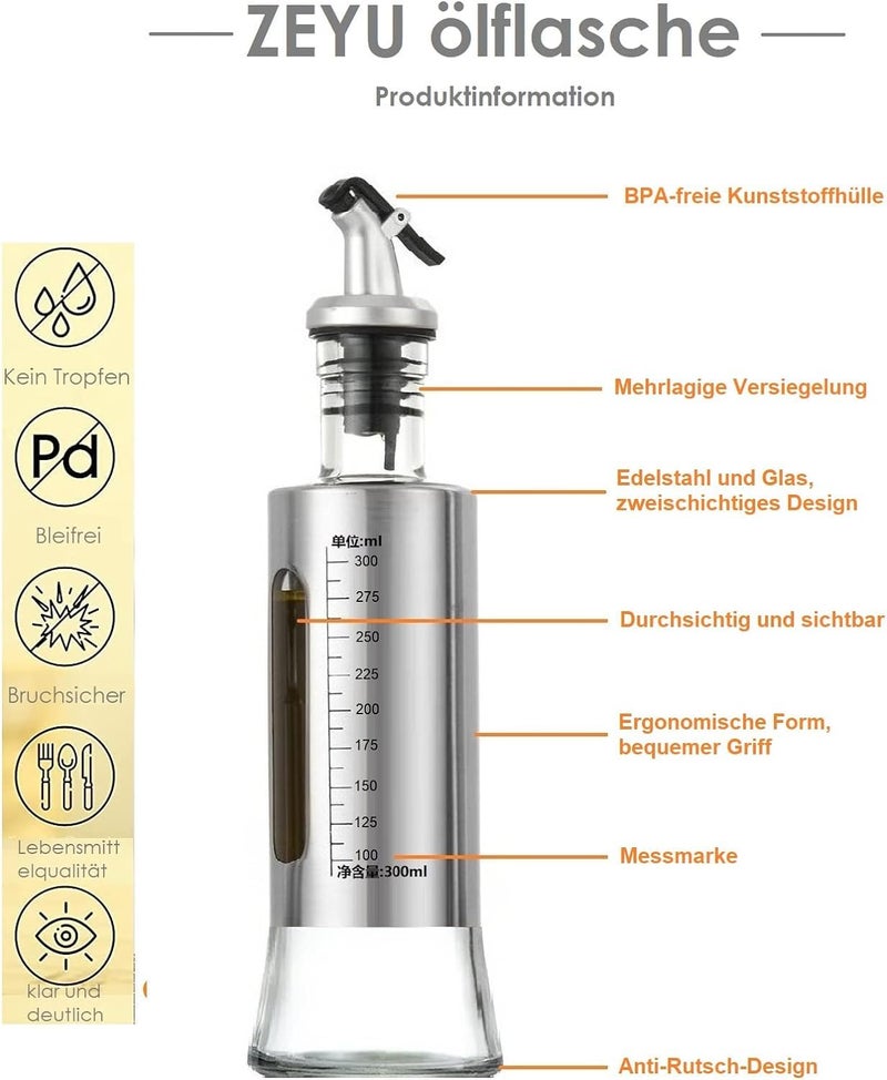 Home-Cloud Stainless Steel And Glass Oil Dispenser Bottle With Measuring Scale | Perfect For Olive Oil, Sauces, And Vinegar | Leak-Proof Auto Flip Non-Drip Spout, 300 ML - Image 2