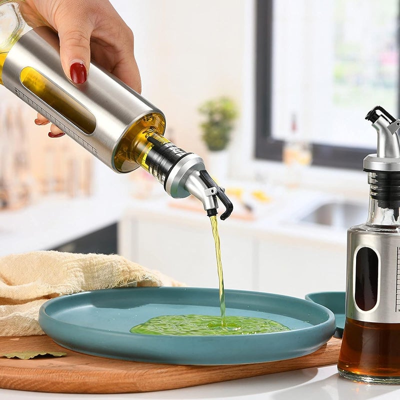 Home-Cloud Stainless Steel And Glass Oil Dispenser Bottle With Measuring Scale | Perfect For Olive Oil, Sauces, And Vinegar | Leak-Proof Auto Flip Non-Drip Spout, 300 ML - Image 3