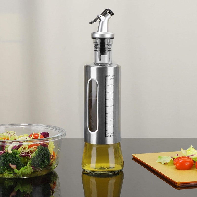 Home-Cloud Stainless Steel And Glass Oil Dispenser Bottle With Measuring Scale | Perfect For Olive Oil, Sauces, And Vinegar | Leak-Proof Auto Flip Non-Drip Spout, 300 ML - Image 1