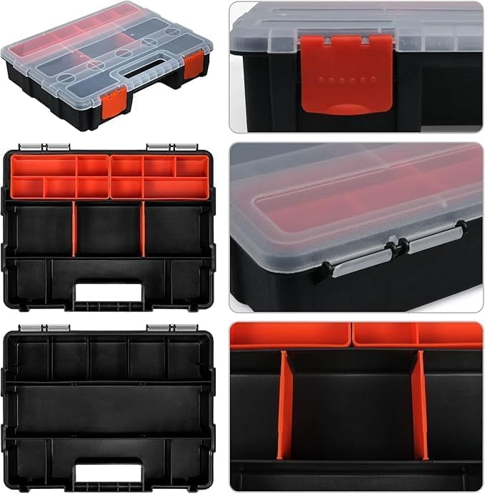 SEVIA Sevia Tool Box Organizers Interlocking Black Small Parts Organizer for Fasteners Parts and Crafts with Removable Dividers for Nails Screws Nuts and Bolts Black Orange  - Image 3
