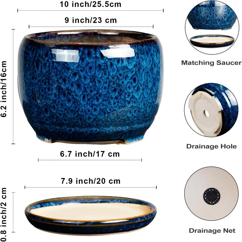 SQOWL 10 Inch Plant Pot - Ceramic Planter Pot with Drainage Hole and Saucer, Decorative Plant Pot for Indoor Outdoor Plants, Round Large Planter Flower Pot, Blue - Image 3