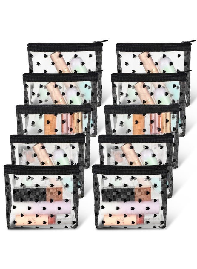 WJIAAA 10pcs Heart Print Cosmetic Bags, 3D Heart Print Makeup Bags Zipper, Mini Mesh Zipper Storage Pouch Small Nylon Organizer Purse Bag for Women Travel Lipstick Office Home Toiletry, Beige - Image 1