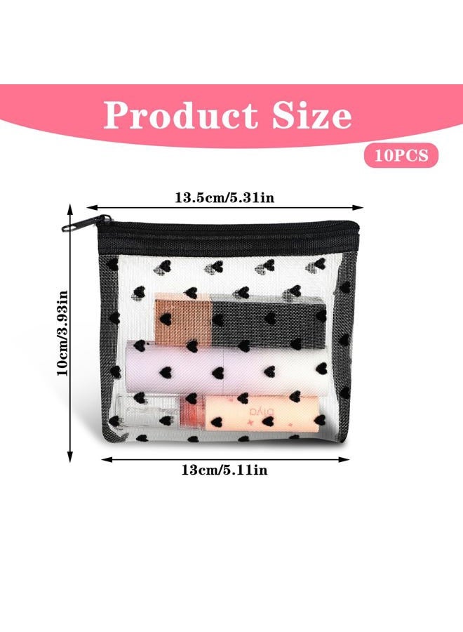 WJIAAA 10pcs Heart Print Cosmetic Bags, 3D Heart Print Makeup Bags Zipper, Mini Mesh Zipper Storage Pouch Small Nylon Organizer Purse Bag for Women Travel Lipstick Office Home Toiletry, Beige - Image 2