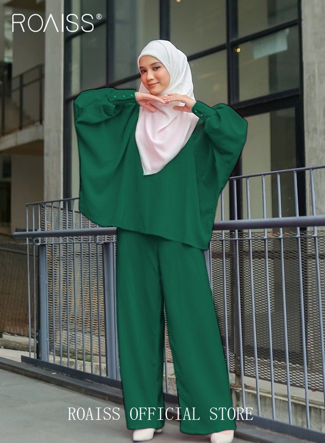 رويس مجموعة نسائية مريحة مكونة من قميص طويل الأكمام وبنطال بنفس اللون بأسلوب مالي إندونيسي فضفاض ومريح - Image 1