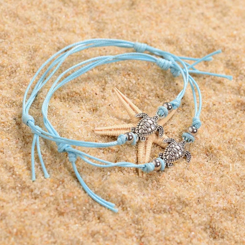 SUNSH 2Pcs Sea Turtle Anklets Bracelets for Teen Girls Kids Couple Women BFF Adjustable Friendship Wish Card Handmade Rope Anklet Jewelry Gifts - Image 4