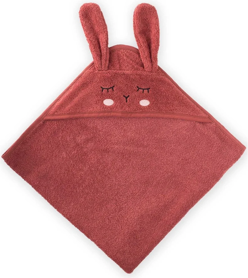 Cigit Jigit Eared Rabbit Embroidered Baby Bath Towel 75X75 cm Rust