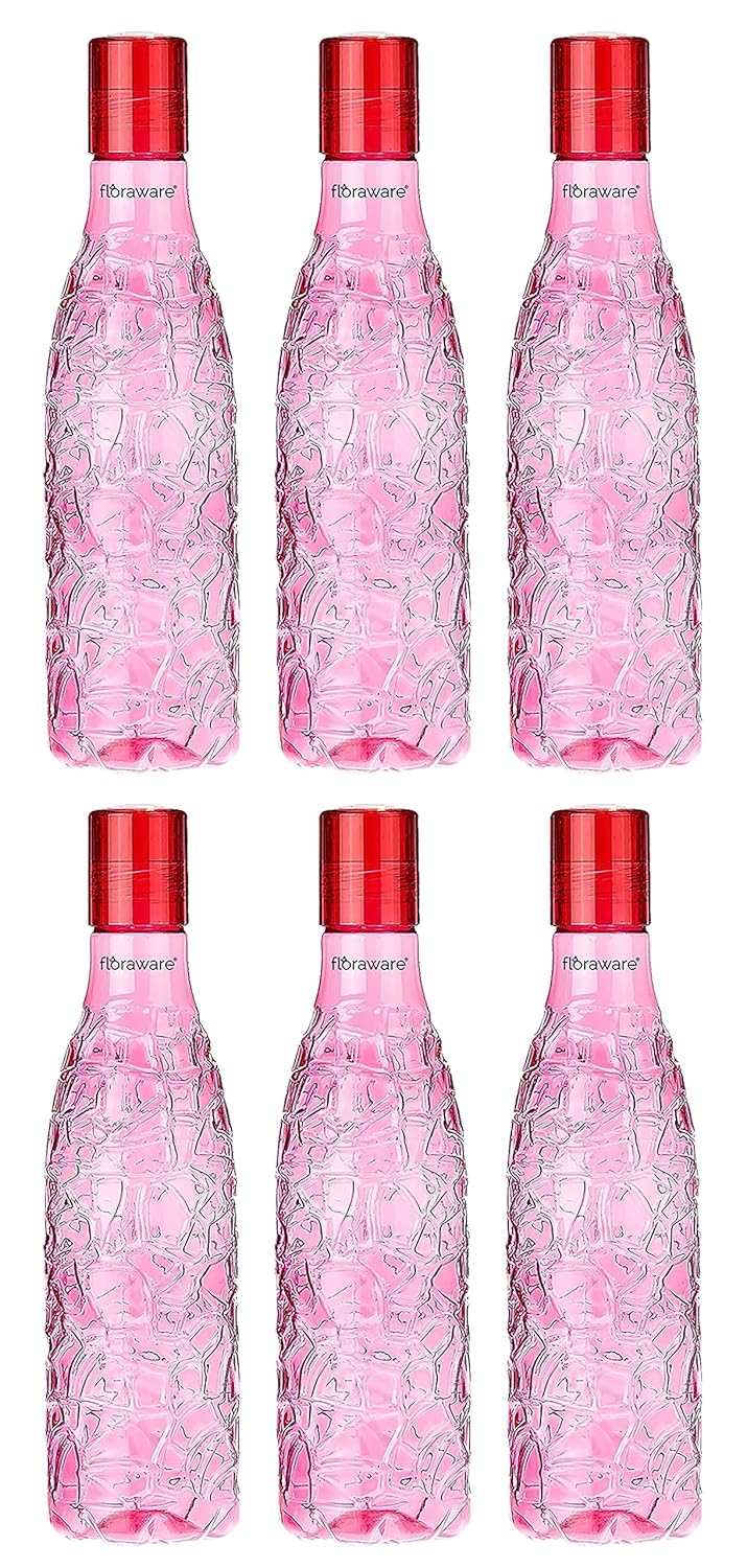 Floraware Food Grade Premium Plastic Fridge Round Water Bottle Drinking Bottle 1000ml Pack of 6 Pink - Image 1