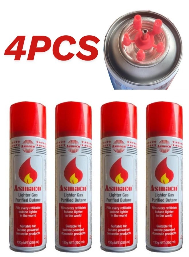 اسماكو 4 قطع من عبوات إعادة تعبئة غاز البوتان النقي من Asmaco سعة 250 مل لأي نوع من أنواع إعادة تعبئة الولاعات مع رؤوس فوهات متعددة، مع 5 محولات متعددة الفوهات للتوافق العالمي