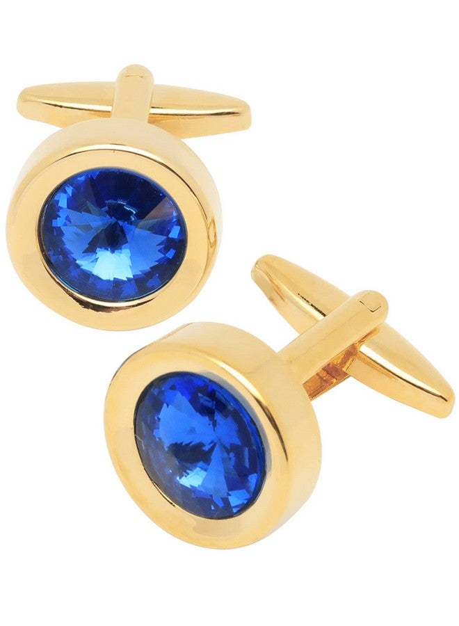 Jonwo Round Diamond Cutting Crystal Men Cufflinks With Gift Case French Cuff Shirt Unisex Cuff Link Buttons For Business Wedding Tuxedo (14K Gold Plated Blue Crystal) - Image 1