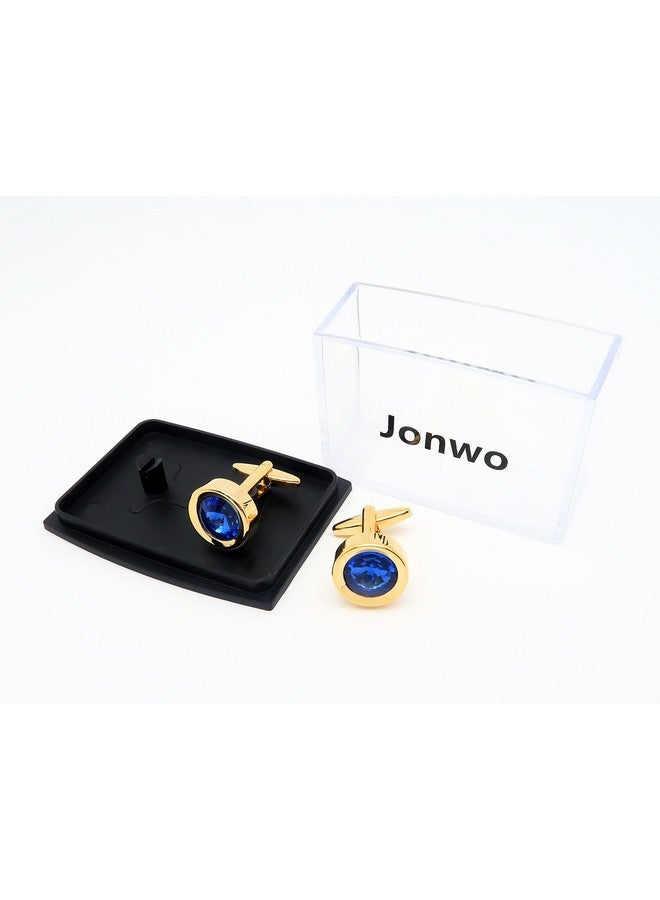 Jonwo Round Diamond Cutting Crystal Men Cufflinks With Gift Case French Cuff Shirt Unisex Cuff Link Buttons For Business Wedding Tuxedo (14K Gold Plated Blue Crystal) - Image 3