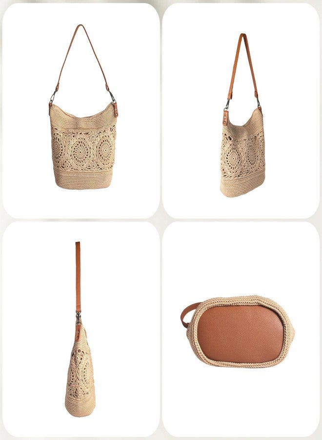Eiyye Hobo Purse Crochet Crossbody Bag for Women Handmade Boho Macram Large Tote Bag for Summer Beach Travel & Everyday Use (Khaki) - Image 4