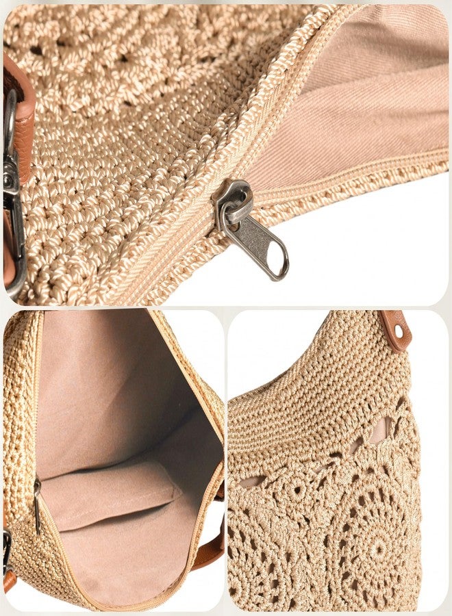 Eiyye Hobo Purse Crochet Crossbody Bag for Women Handmade Boho Macram Large Tote Bag for Summer Beach Travel & Everyday Use (Khaki) - Image 5