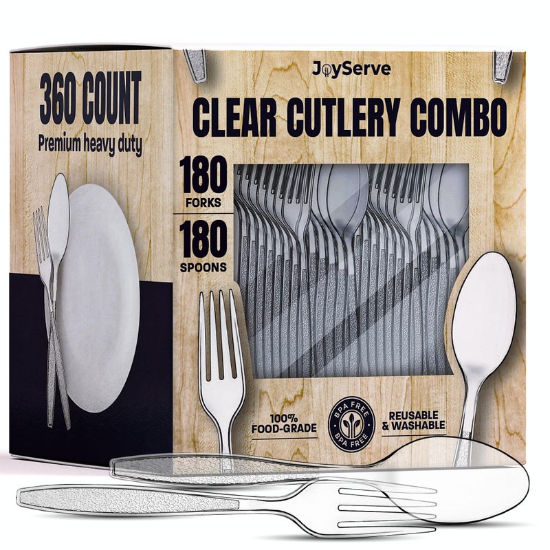 JoyServe Clear Plastic Cutlery Set - (Bulk Pack 360 Pcs) Plastic Utensils Heavy Duty  180 Forks and 180 Spoons  Silverware Sets for Party Supplies  Dinners  Take-Out  Catering  Food Services - Image 2