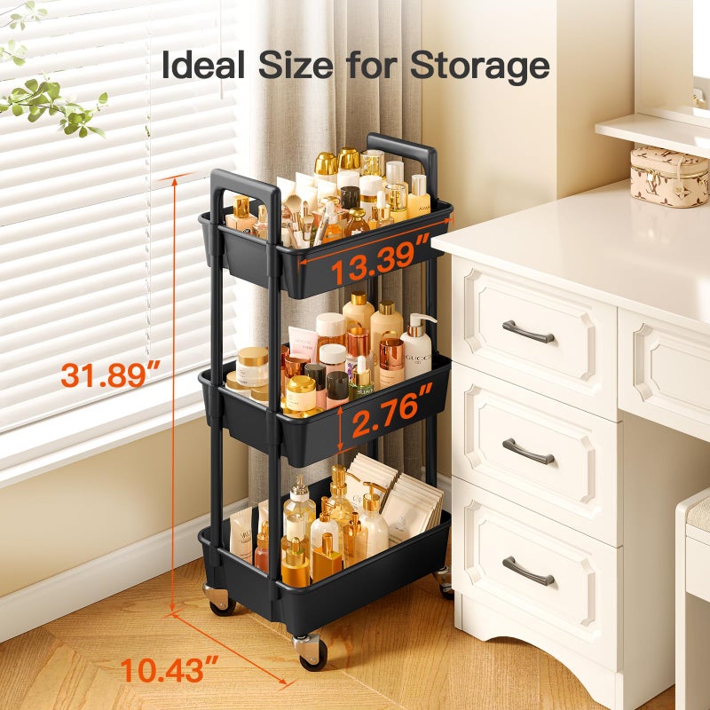 Pipishell 3 Tier Rolling Cart Organizer, Plastic Rolling Cart with Lockable Wheels & Reinforced Handle, Lightweight Utility Storage Cart for Nursery, Kitchen, Craft Room, Black - Image 4