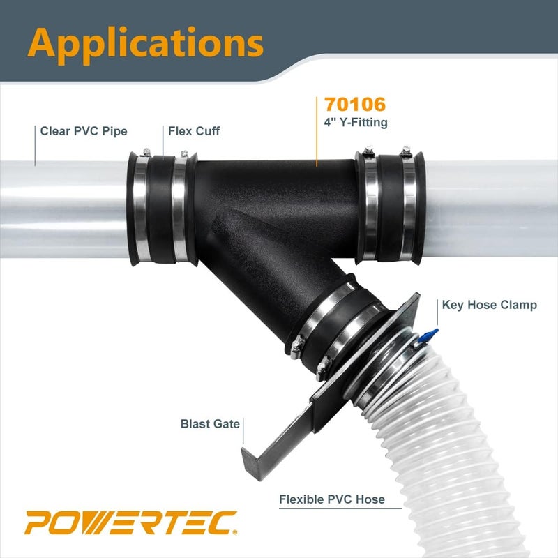 POWERTEC 70106 4-Inch Y-Fitting Dust Collection Hose Connector - Durable ABS Plastic, Black - Image 2